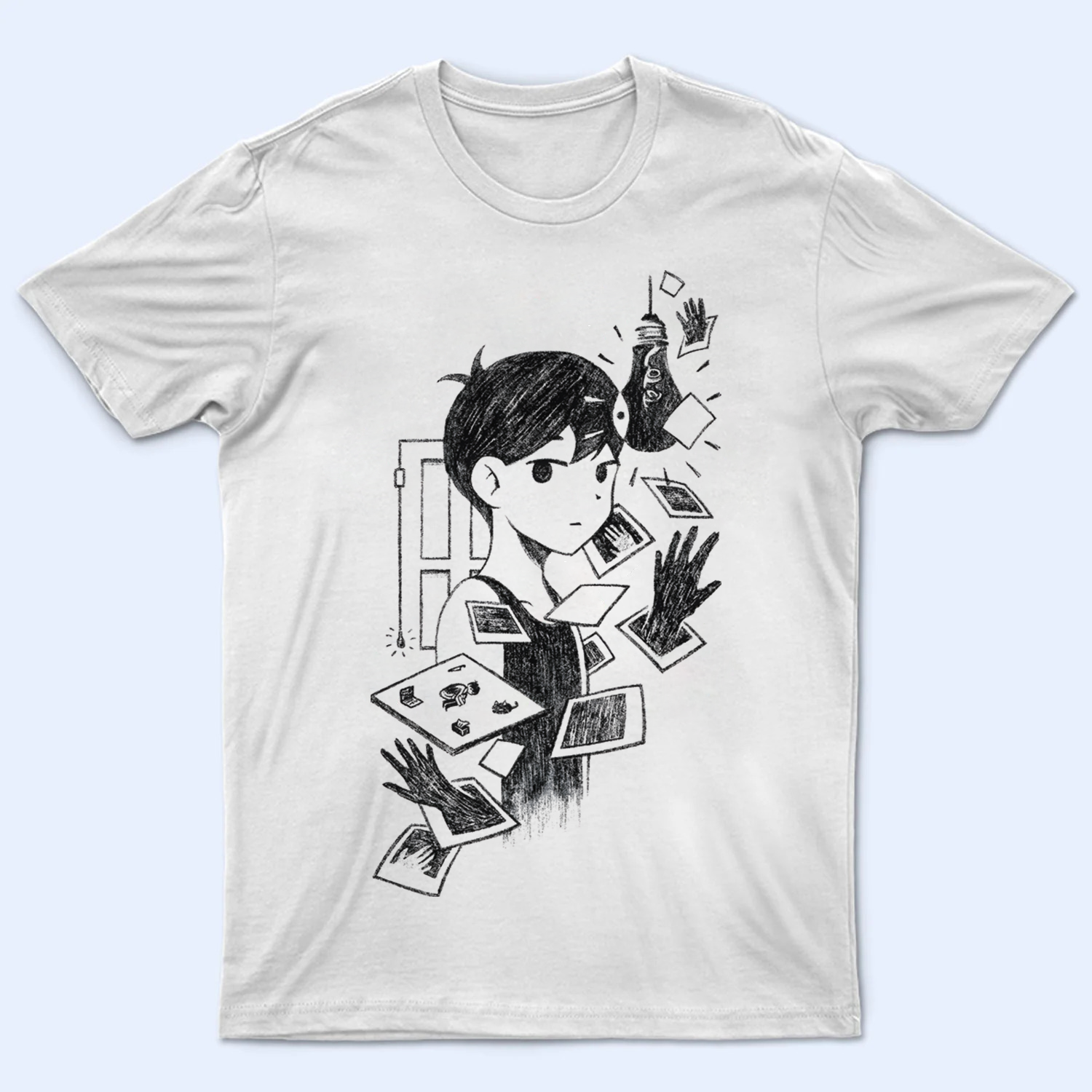 Front view of the Omori White Space T-shirt, featuring a single lightbulb and a cat figure in a minimalist white void. Omori shirt, White Space art