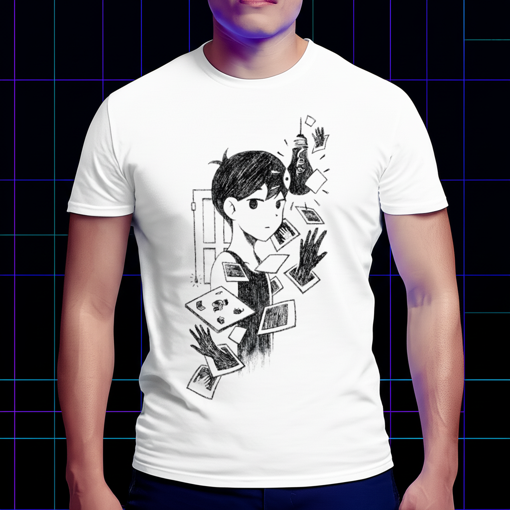 A model wearing the Omori White Space T-shirt to show the fit and style. Omori apparel, game-themed clothing