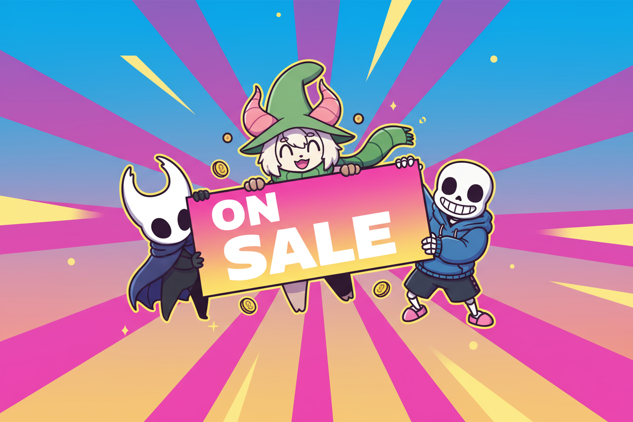 A banner for the "On-sale" collection that some characters from Hollow Knight, DELTARUNE, Undertale holding an "On Sale" board together