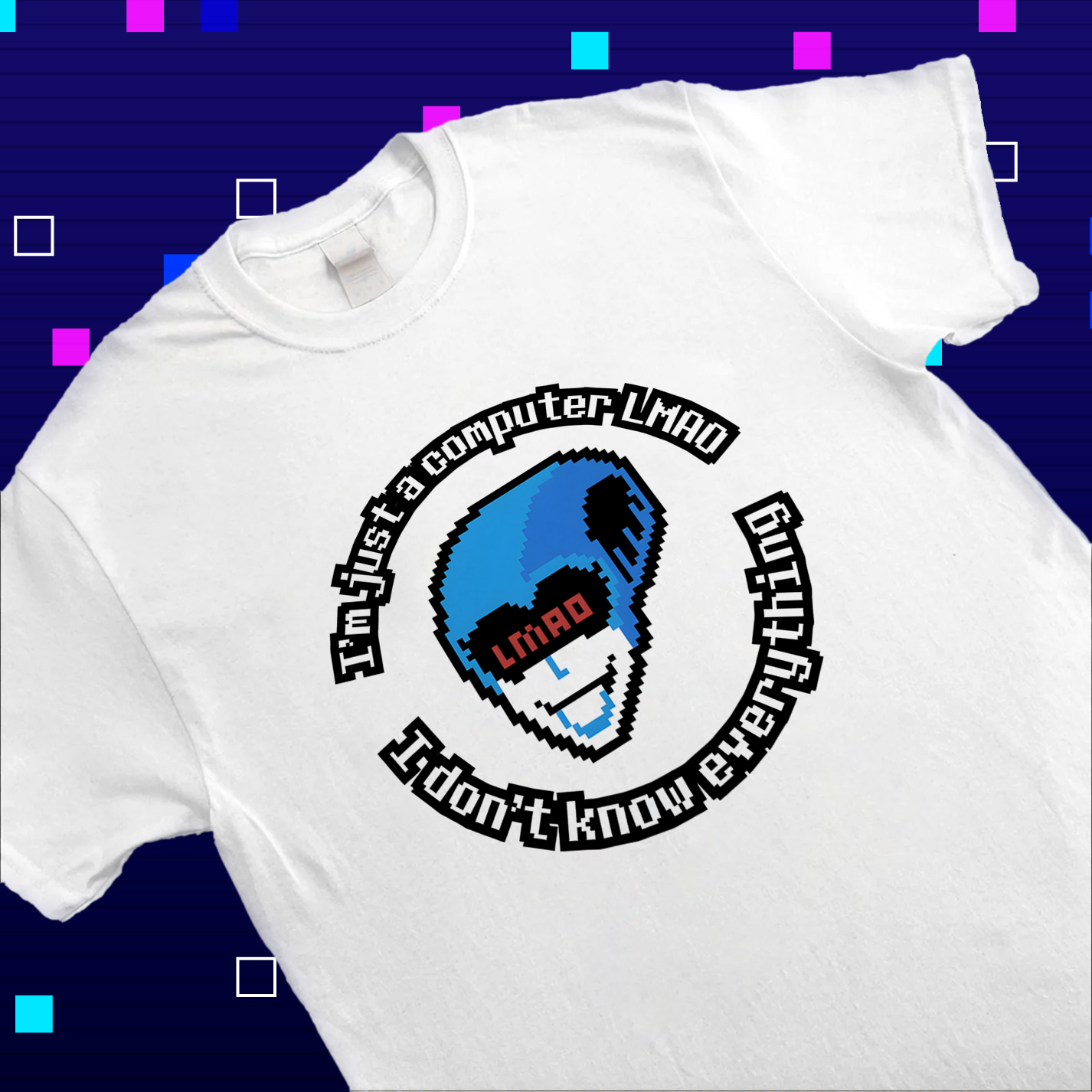 Close-up of the Queen and 'I'm just a computer LMAO, I don't know everything' quote print on the DELTARUNE merch t-shirt, highlighting text details