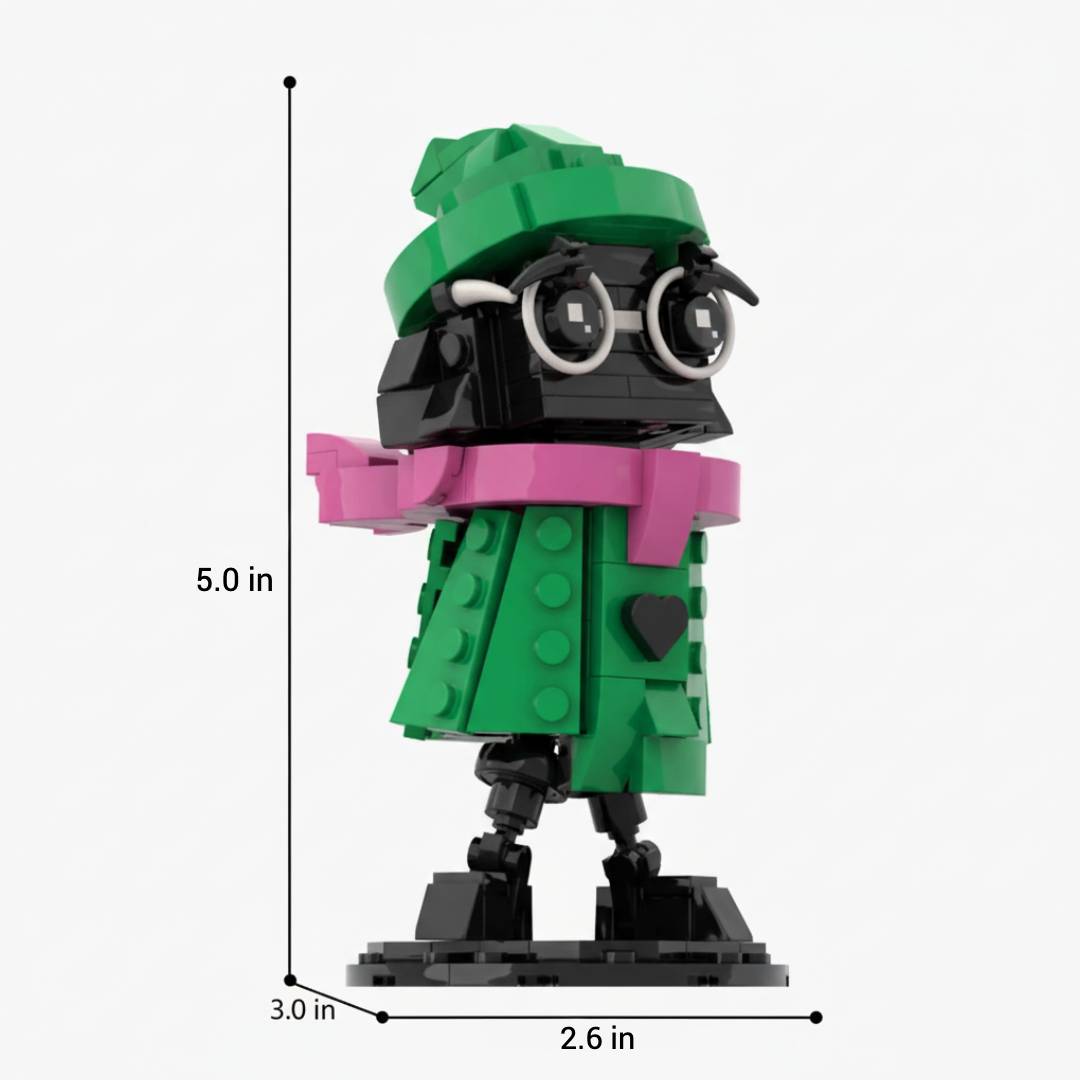 The assembled Ralsei Brick Figure next to a hand or common item for scale.