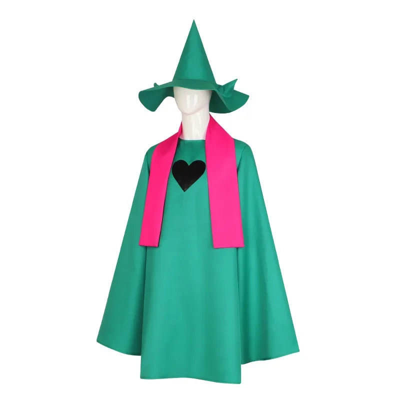 Close-up of the Ralsei Cosplay hat and hooded cloak, highlighting the quality of the fabric and seams.