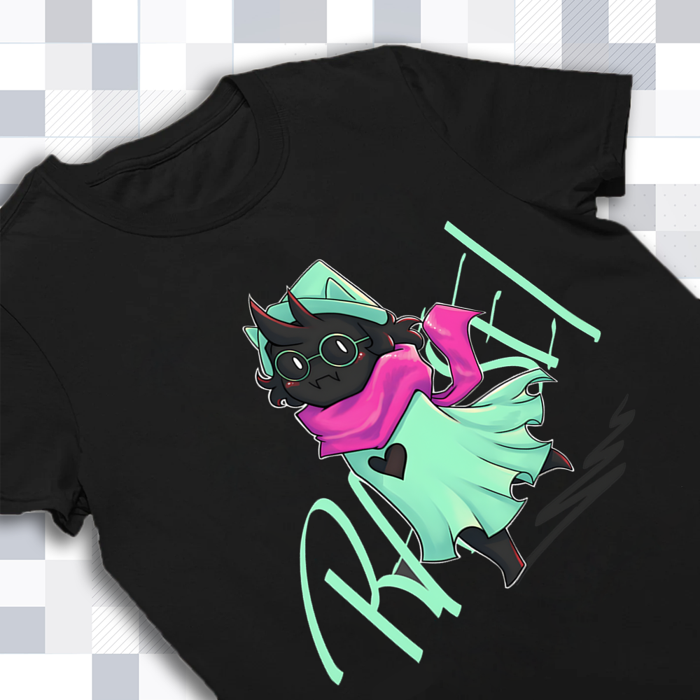 Close-up of the Ralsei Fluffy Friend graphic print on the DELTARUNE merch t-shirt, highlighting character details and soft colors