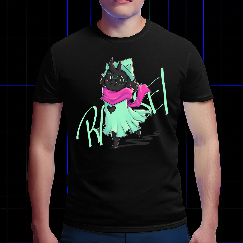 DELTARUNE Ralsei Fluffy Friend T-shirt worn by a model, demonstrating its comfortable fit, essential DELTARUNE merch