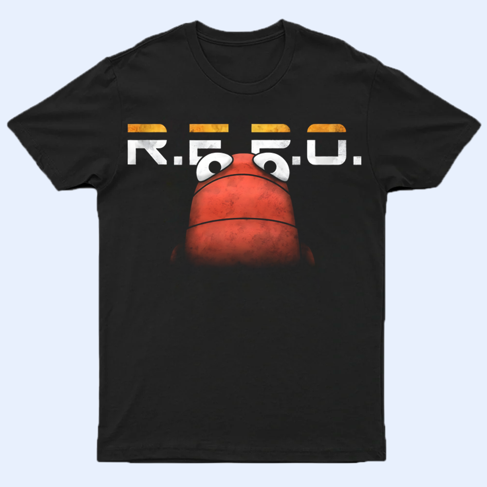 Front view of a black R.E.P.O. shirt featuring a game character and the R.E.P.O. logo printed on it.