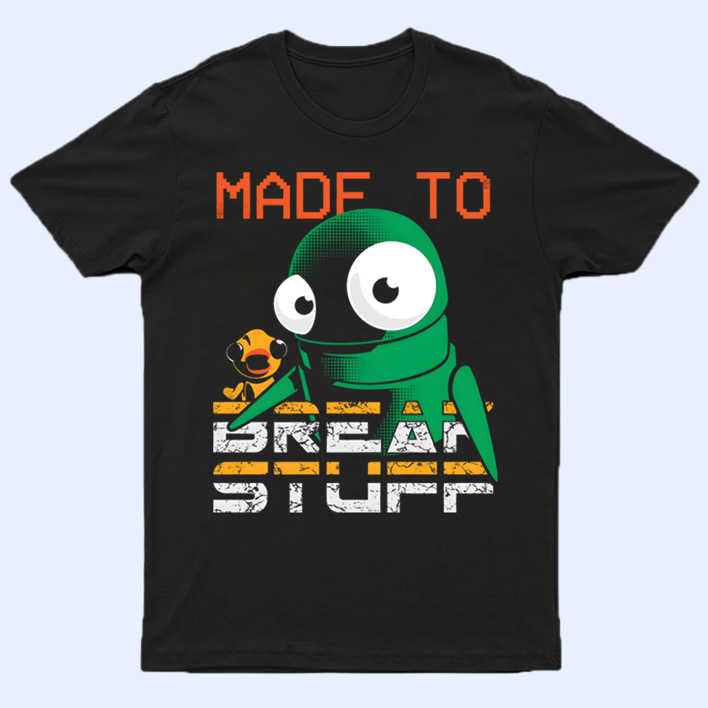 Front view of a black R.E.P.O. shirt with a game character and 'Made to Break Stuff' text printed on it