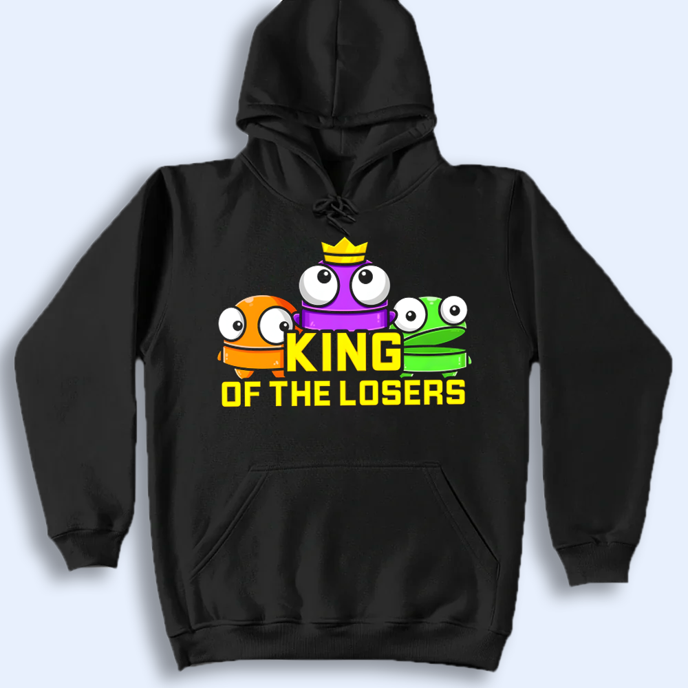 Black hoodie with colorful graphic and 'King of the Losers' text on a light gray background