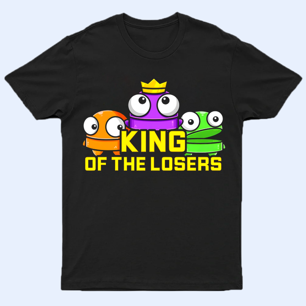 Front view of a black R.E.P.O. shirt with game characters and 'King of Loser' text printed on it