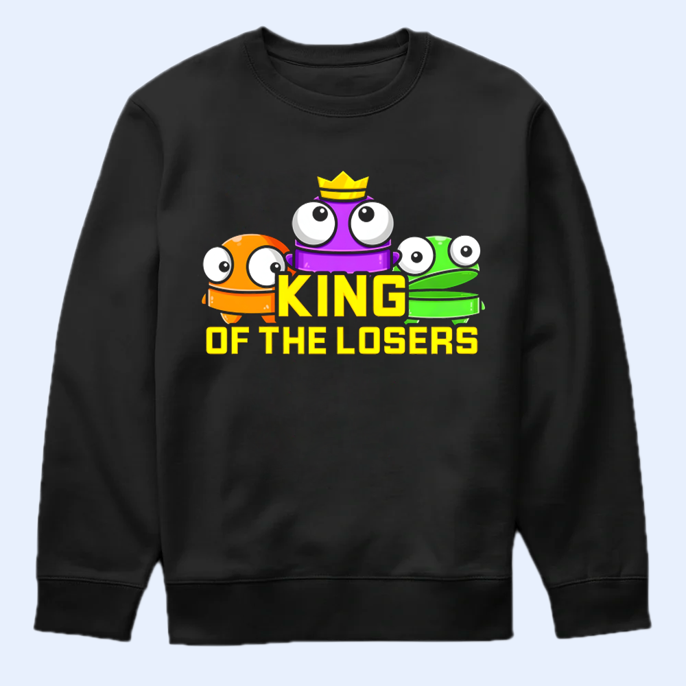 Black sweatshirt with colorful characters and 'King of the Losers' text on a light blue background