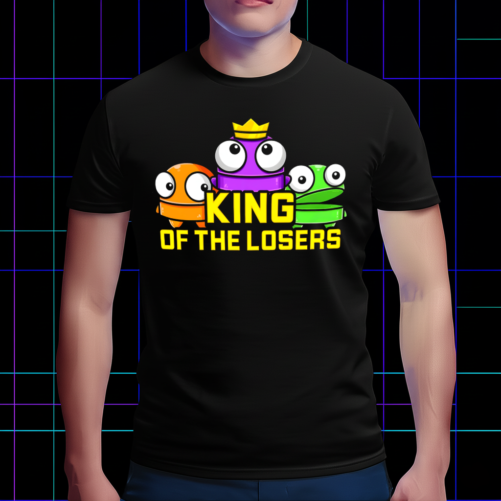 Person wearing the R.E.P.O. gaming fan tee, featuring characters and 'King of Loser' text