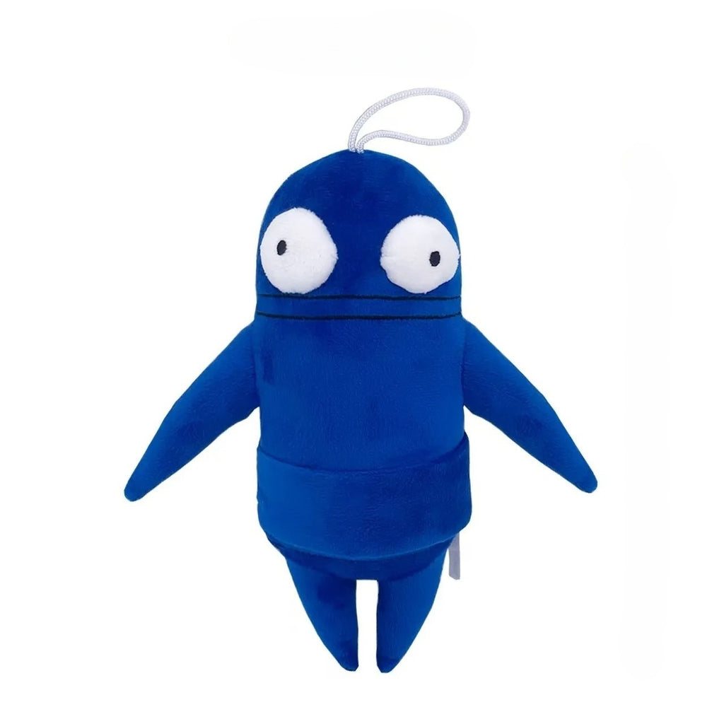 Blue r.e.p.o. plush toy with white eyes on a white background