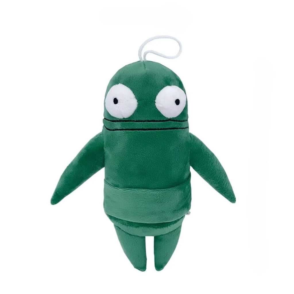 Green R.E.P.O. plush toy with large eyes on a white background
