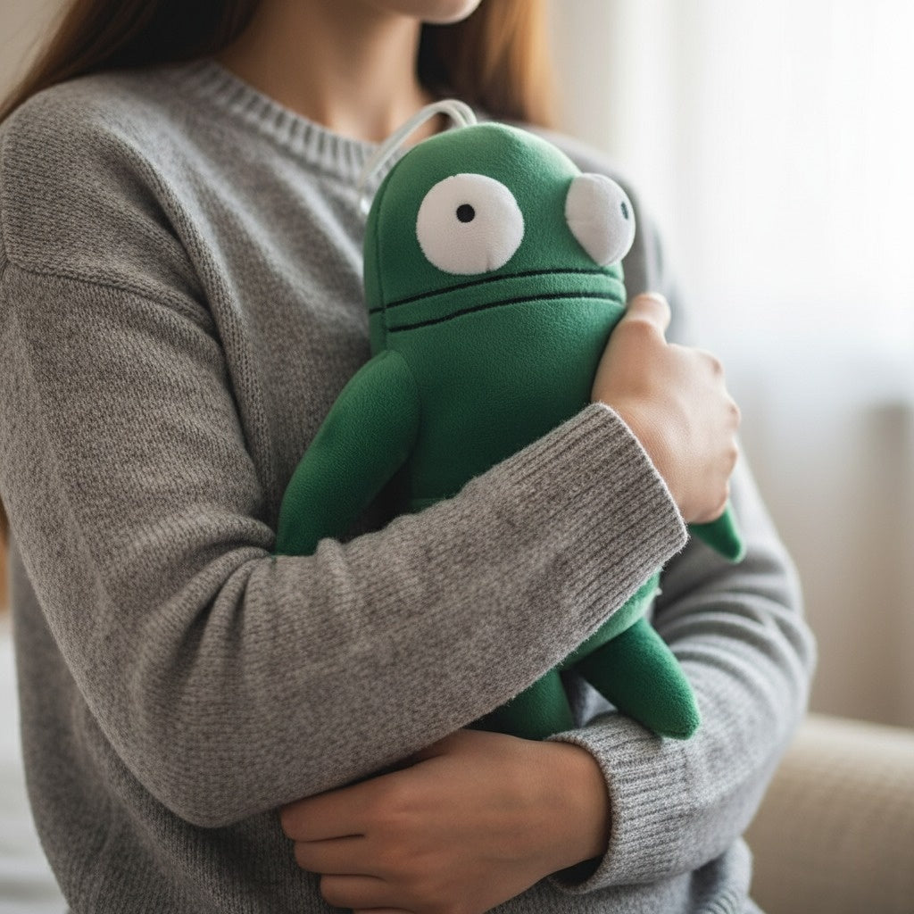 Person holding a green R.E.P.O. plush toy with large white eyes.