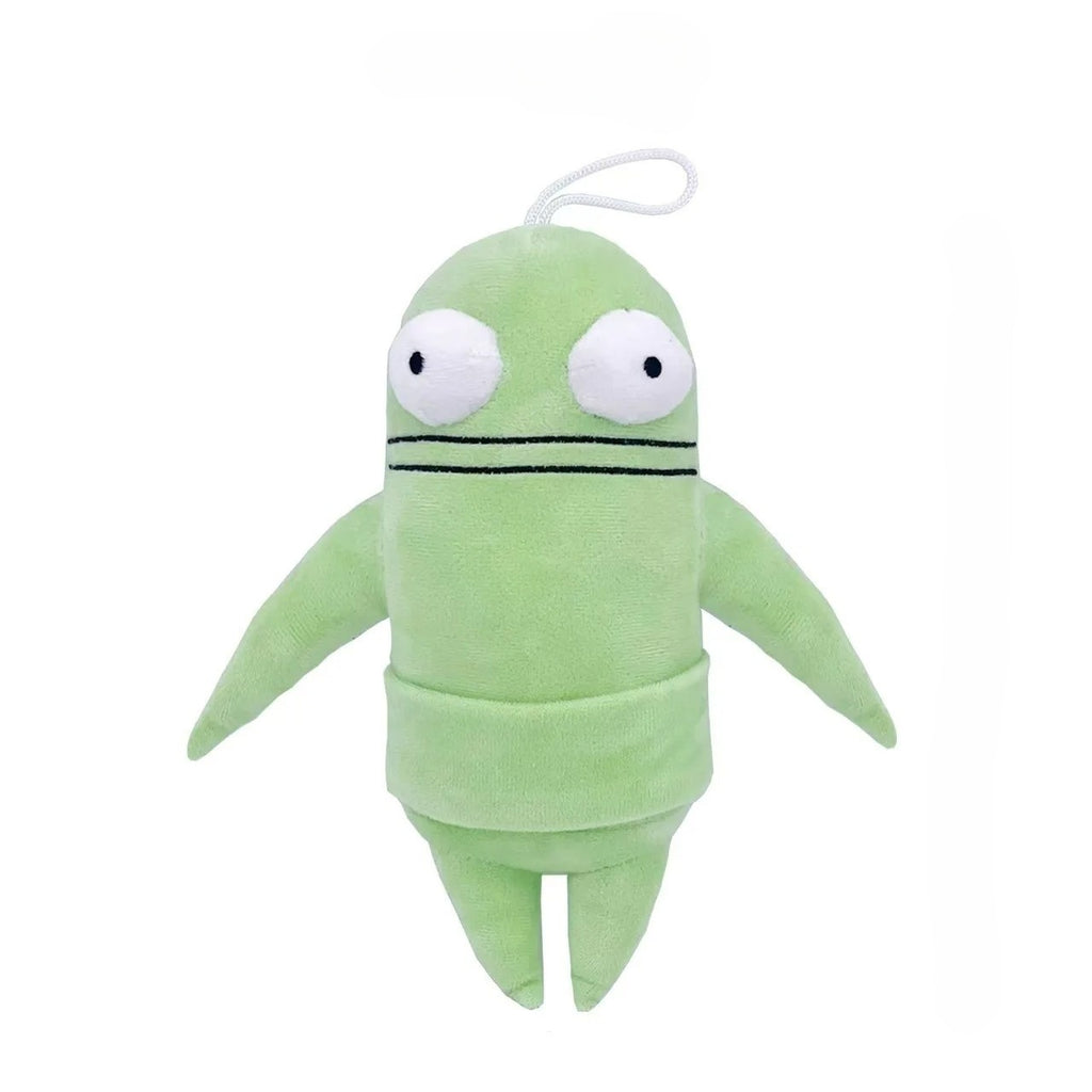 Lime R.E.P.O. plush toy with large eyes on a white background