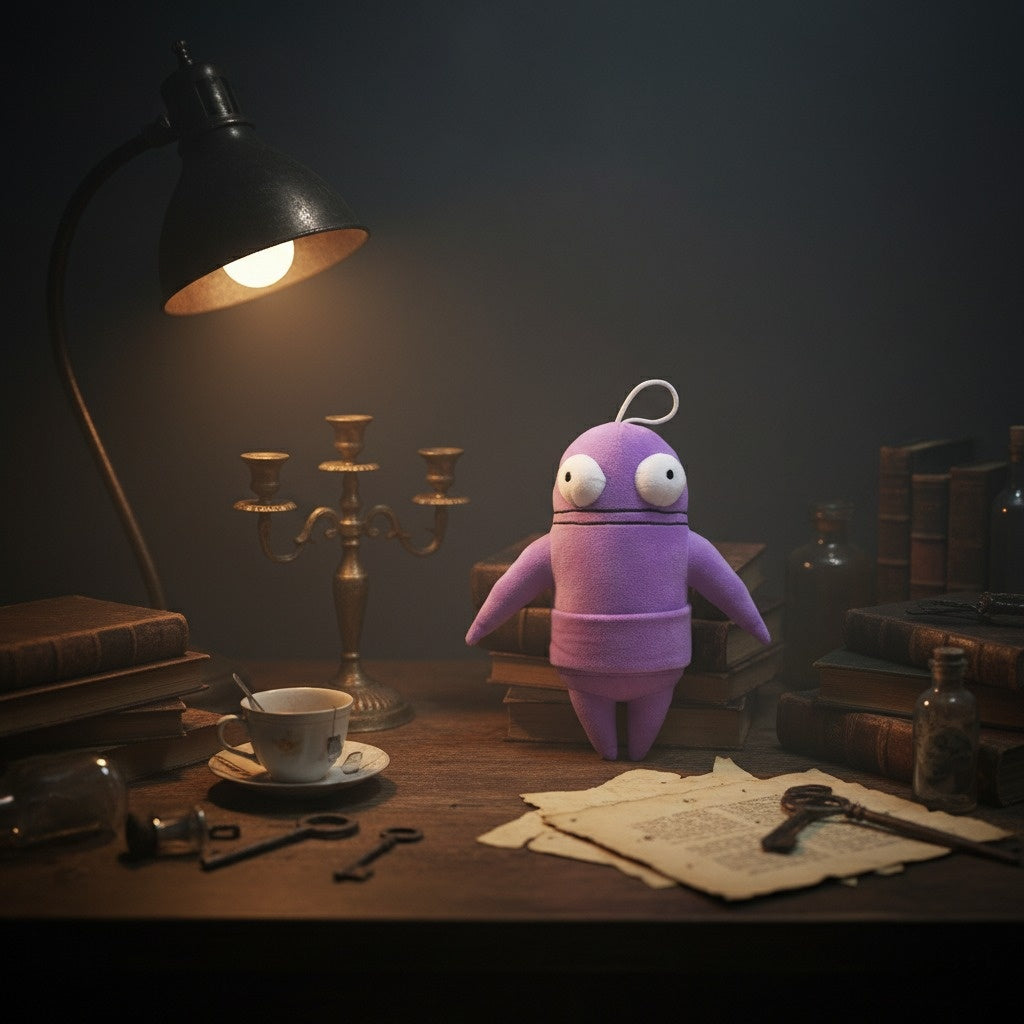 Purple R.E.P.O. plush toy on a desk with books, lamp, and papers in a dimly lit room