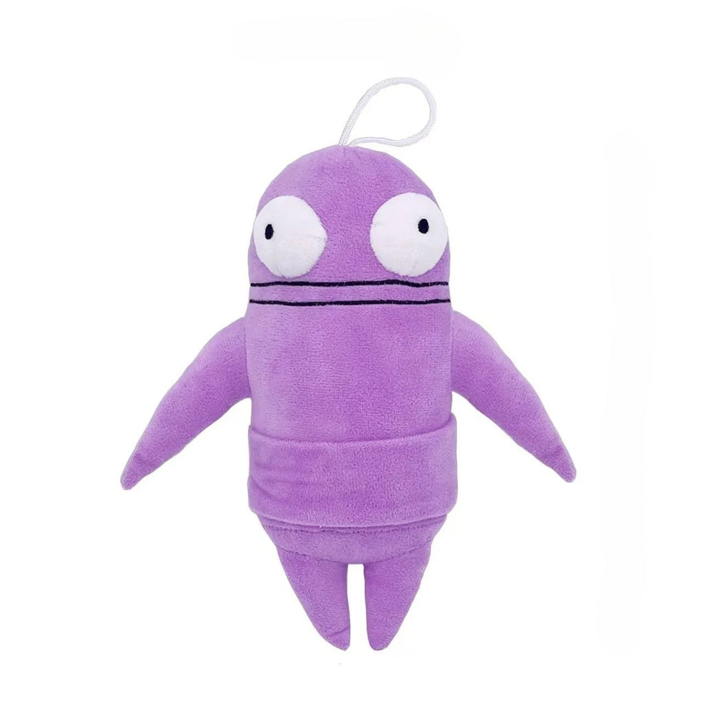 Purple R.E.P.O. plush toy with white eyes on a white background