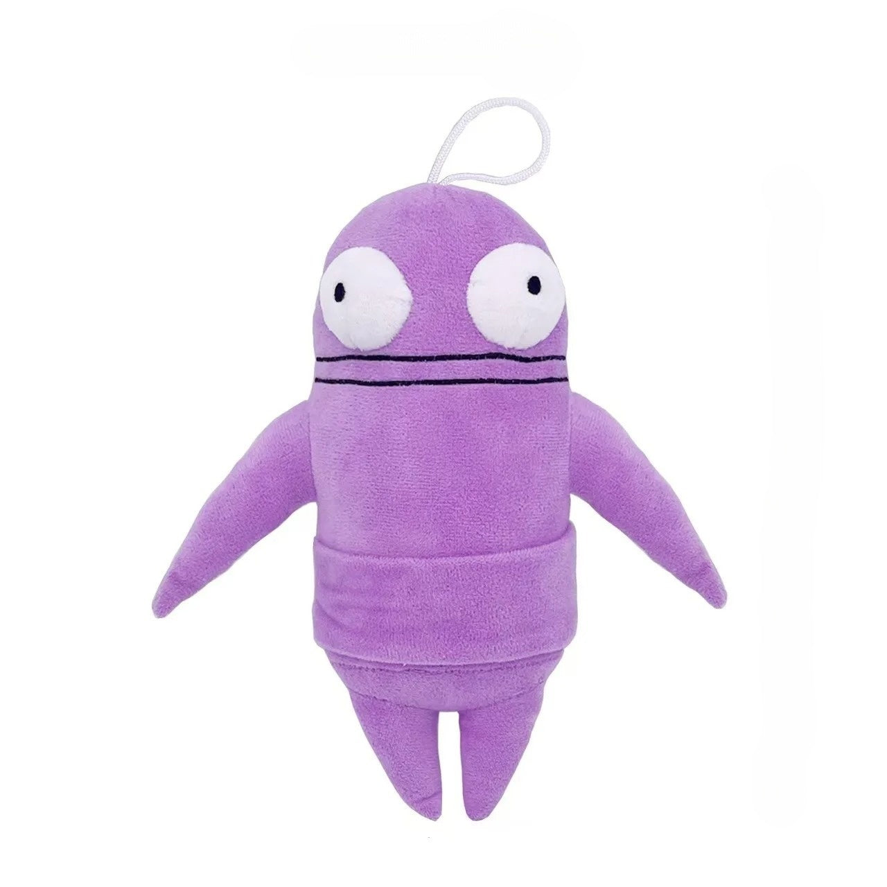 Purple R.E.P.O. plush toy with white eyes on a white background
