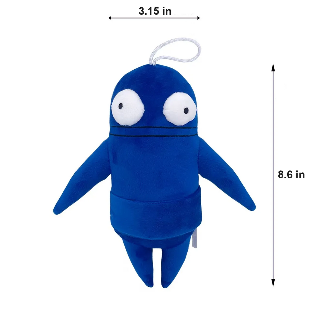 Blue R.E.P.O. plush toy with white eyes and measurements on a white background