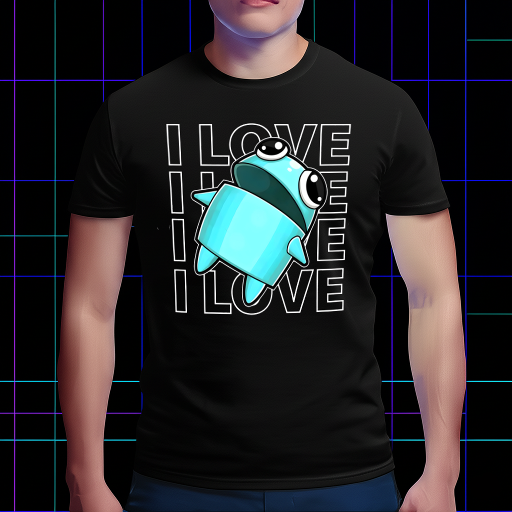 Person wearing the R.E.P.O. gaming fan tee with 'I Love' text, styled casually.