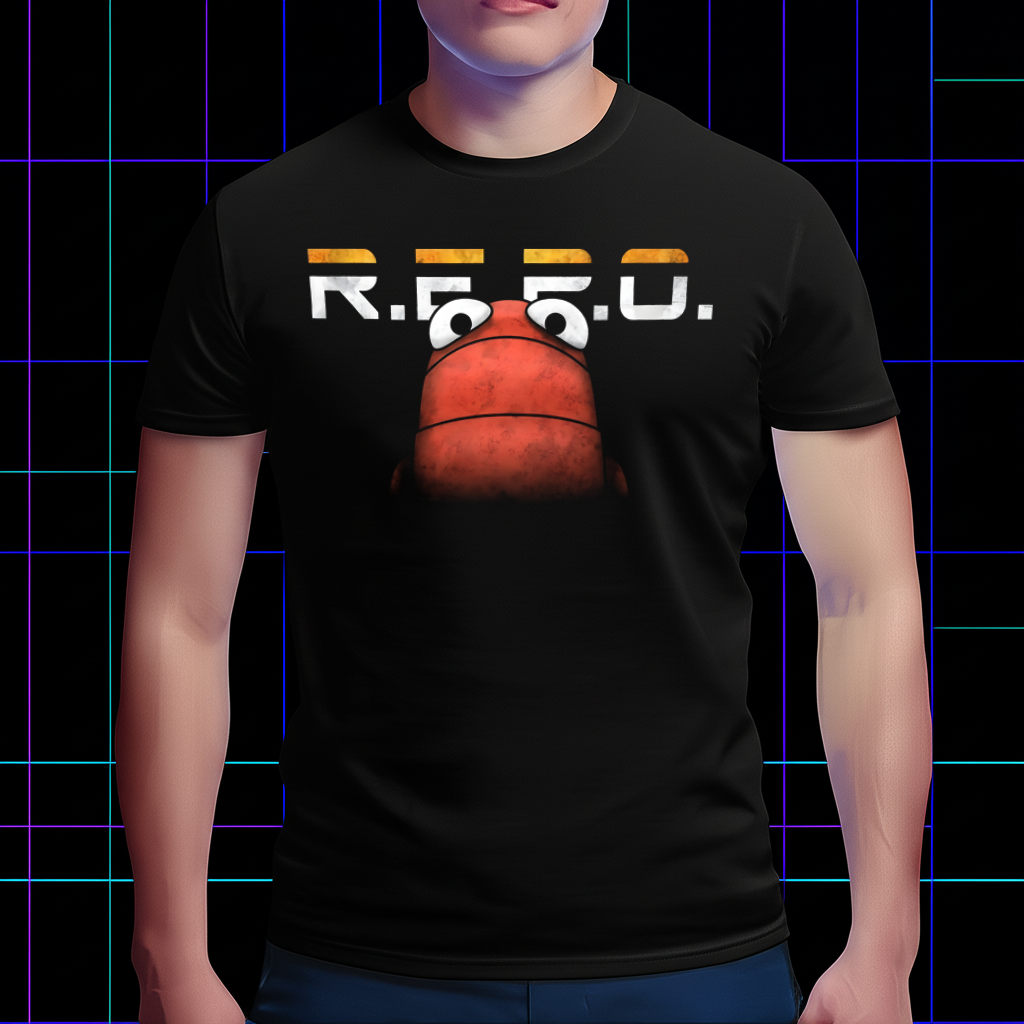Person wearing the R.E.P.O. gaming fan tee, showcasing the character and game logo design.