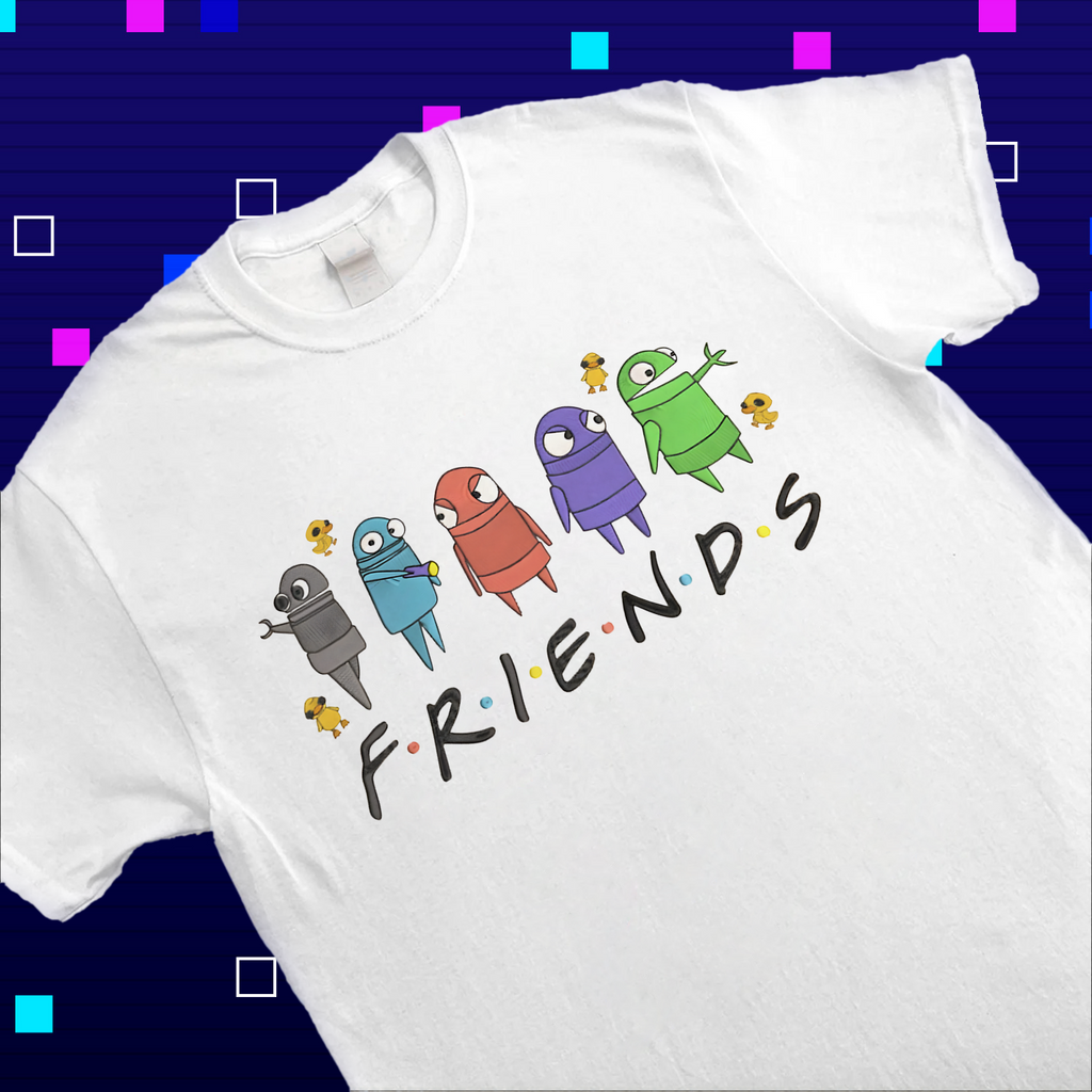 Close-up of the R.E.P.O. merch graphic, showing robot characters in the F.R.I.E.N.D.S. style