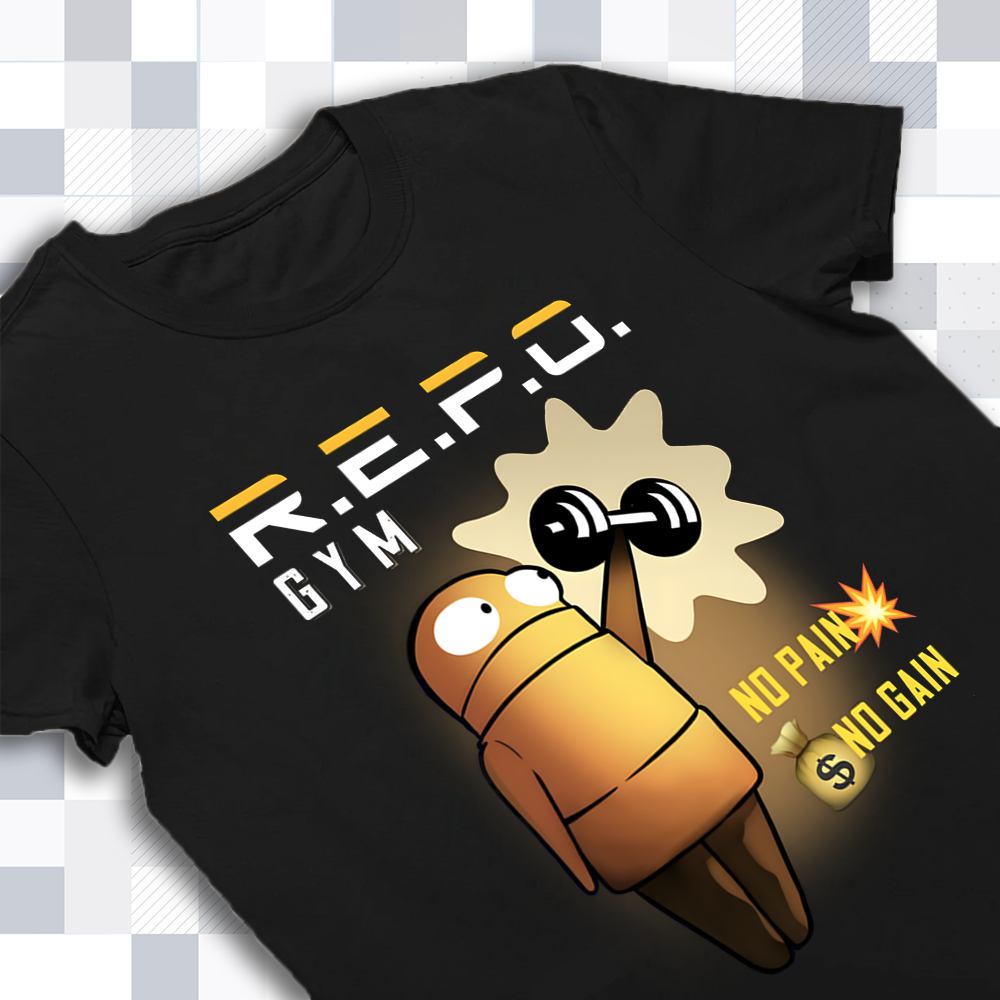 Close-up of the R.E.P.O. merch graphic, showing the robot character and fitness text
