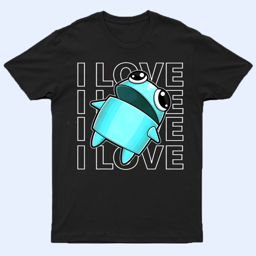 Front view of a black R.E.P.O. shirt featuring the Player Character with 'I Love' text.