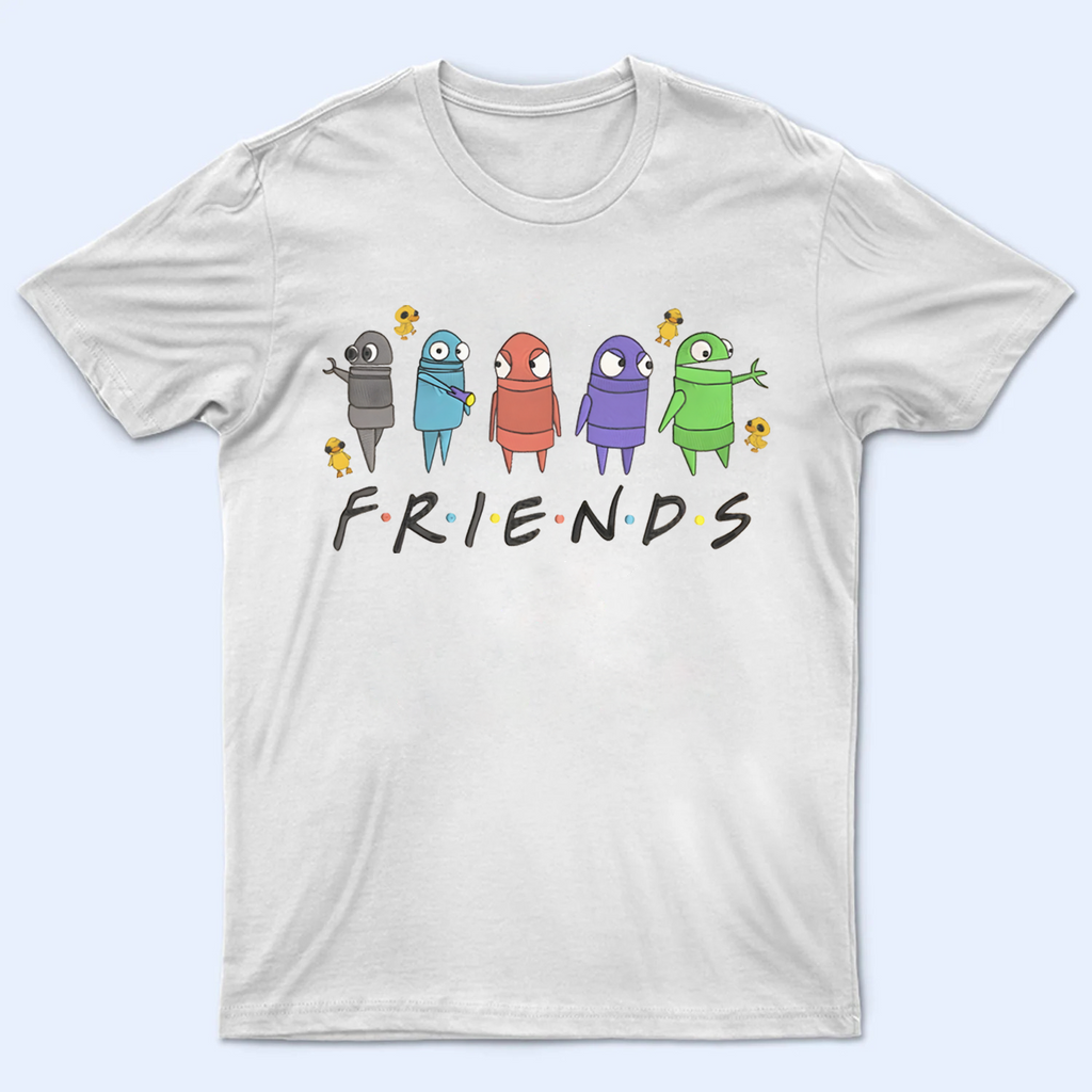 Front view of a white R.E.P.O. shirt with robot characters featured in a F.R.I.E.N.D.S. TV show style