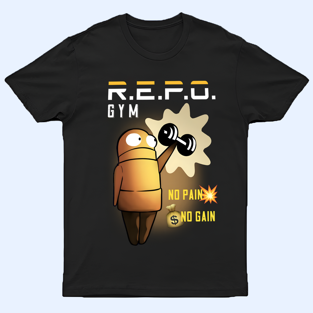 Front view of a gray R.E.P.O. shirt featuring a robot character and 'Gym No Pain No Gain' text printed on it
