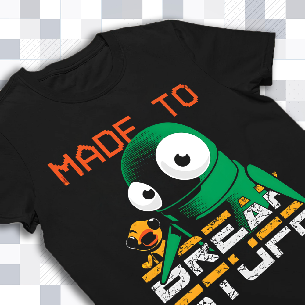 Close-up of the R.E.P.O. shirt graphic, showing the character and 'Made to Break Stuff' text