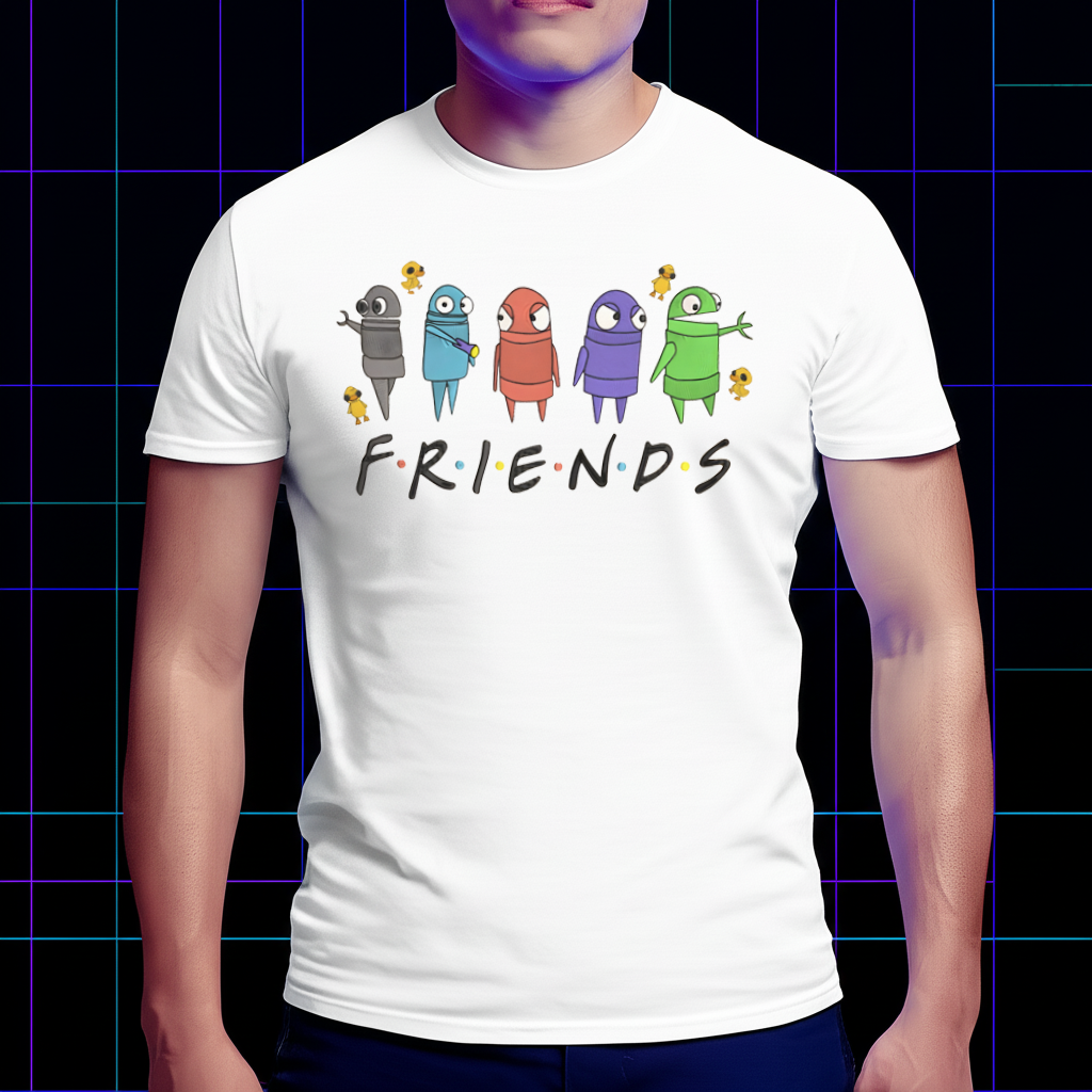 Group of people wearing the R.E.P.O. shirt, featuring the friends-style robot character design