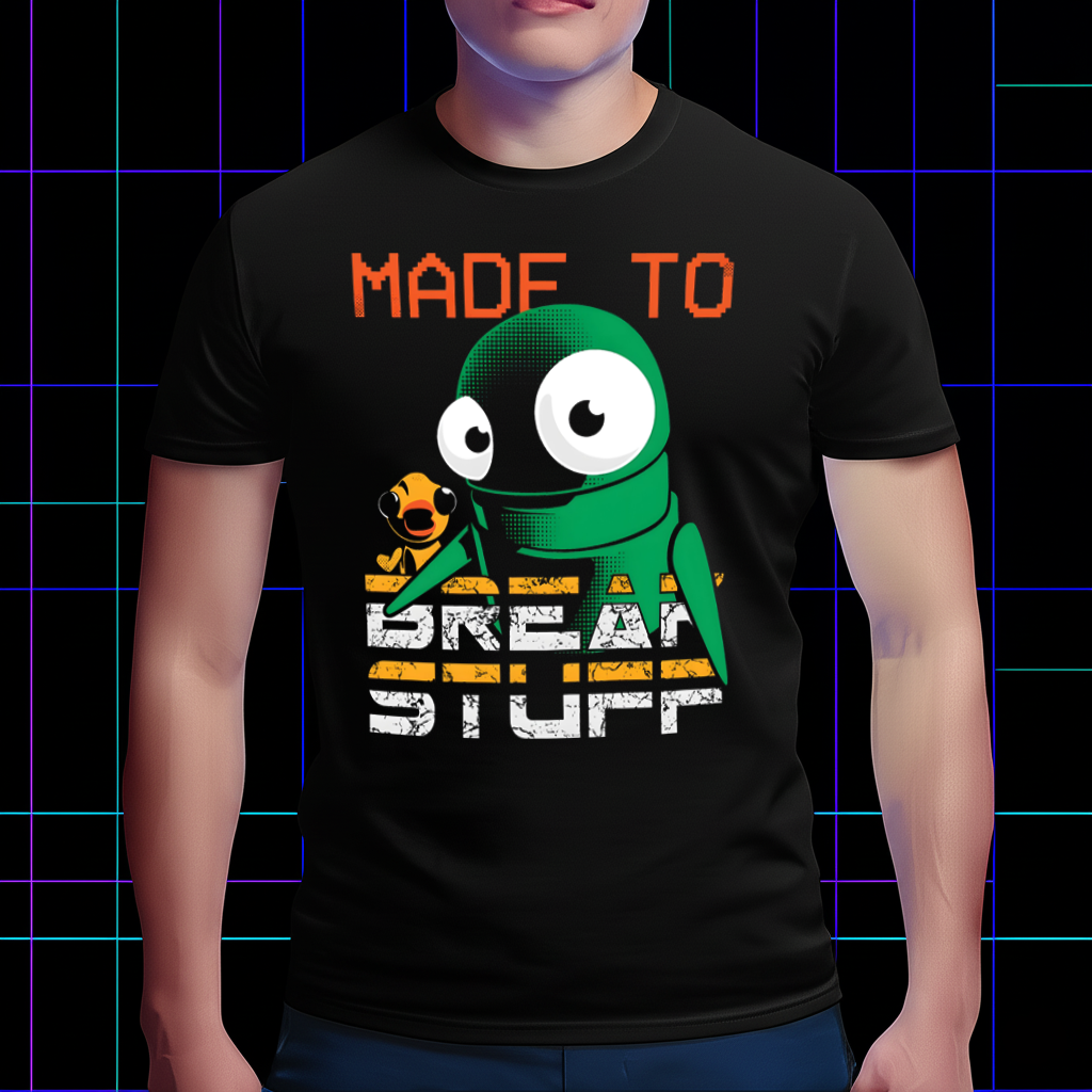 Person wearing the R.E.P.O. gaming fan tee, showcasing the character and 'Made to Break Stuff' design