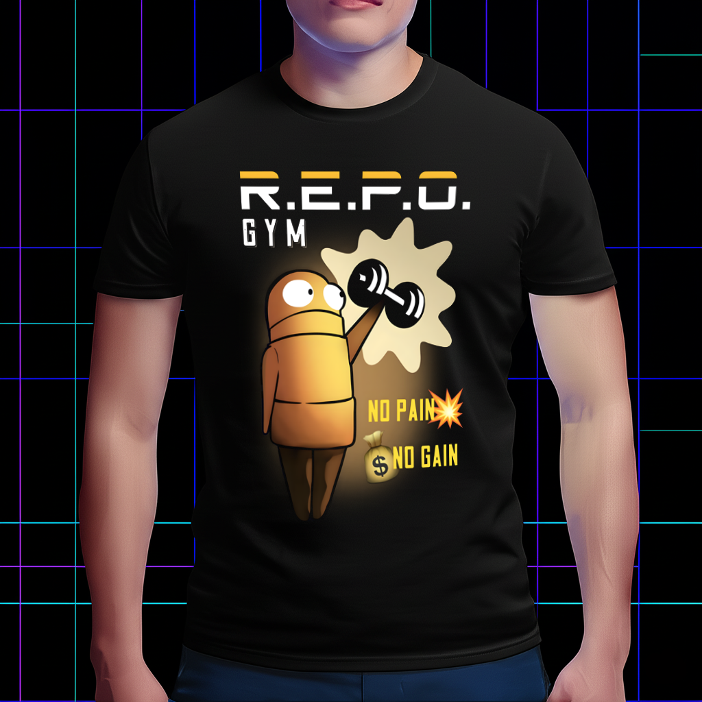 Person wearing the R.E.P.O. shirt in a gym setting, featuring the robot and 'No Pain No Gain' design