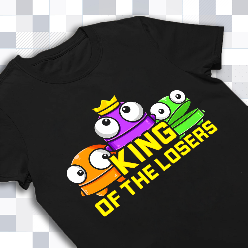 Close-up of the 'King of Loser' text and R.E.P.O. characters graphic on the gaming shirt