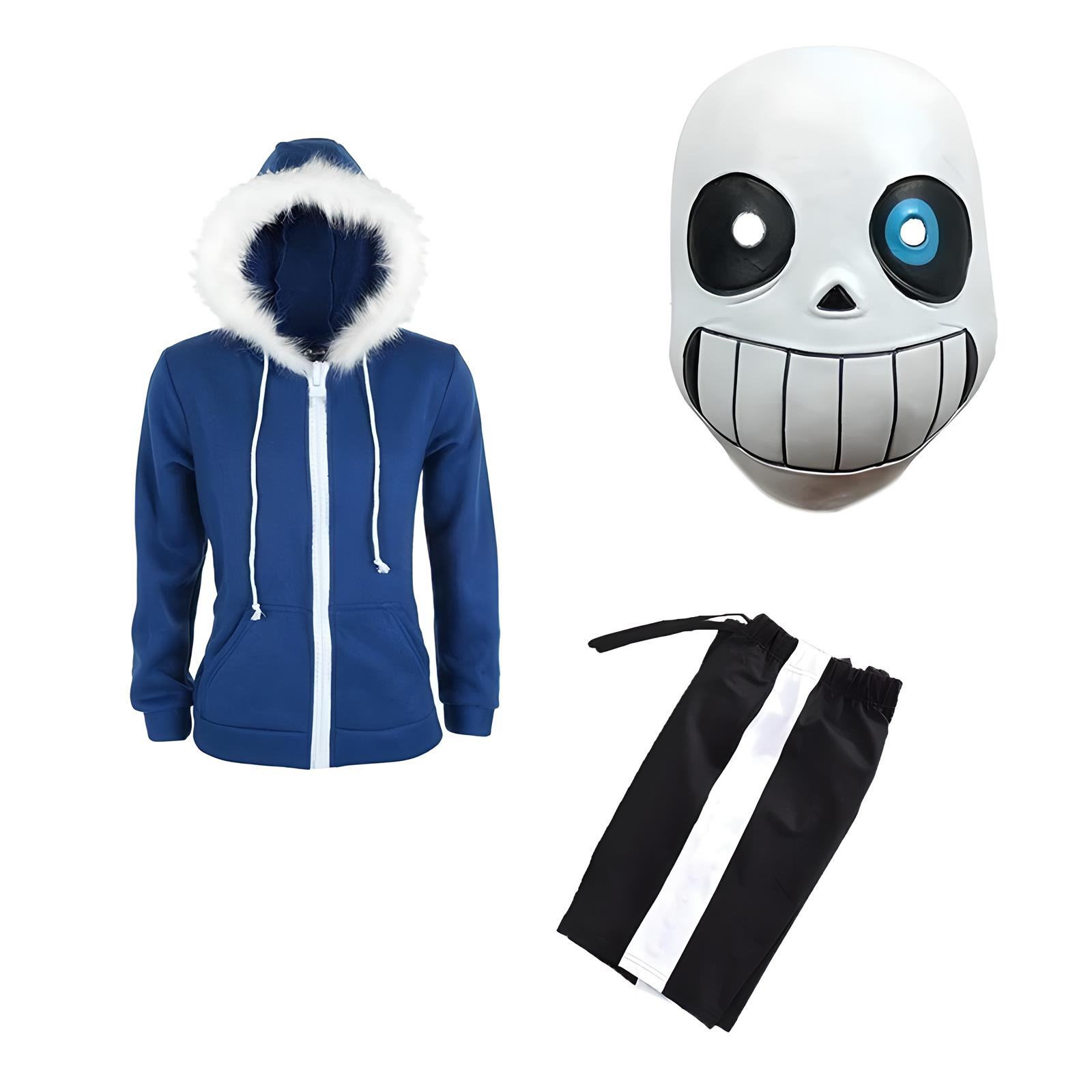 Complete Undertale cosplay Sans full costume set, showing the skeleton mask and blue jacket together.