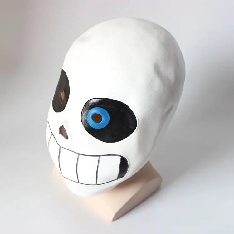 Close-up of the Undertale cosplay Sans mask, highlighting material and construction detail.