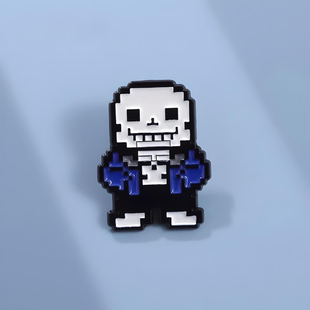 Close-up of one of the Sans Enamel Pins, highlighting the cute character design and hard enamel finish.