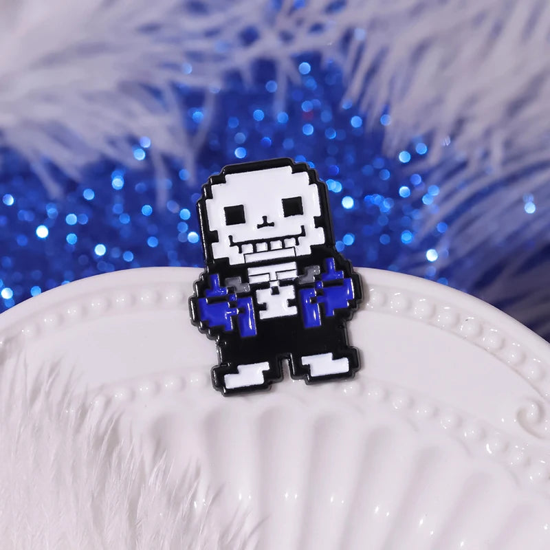 Sans Enamel Pins skeleton badge collection, featuring various poses and moods of the character.