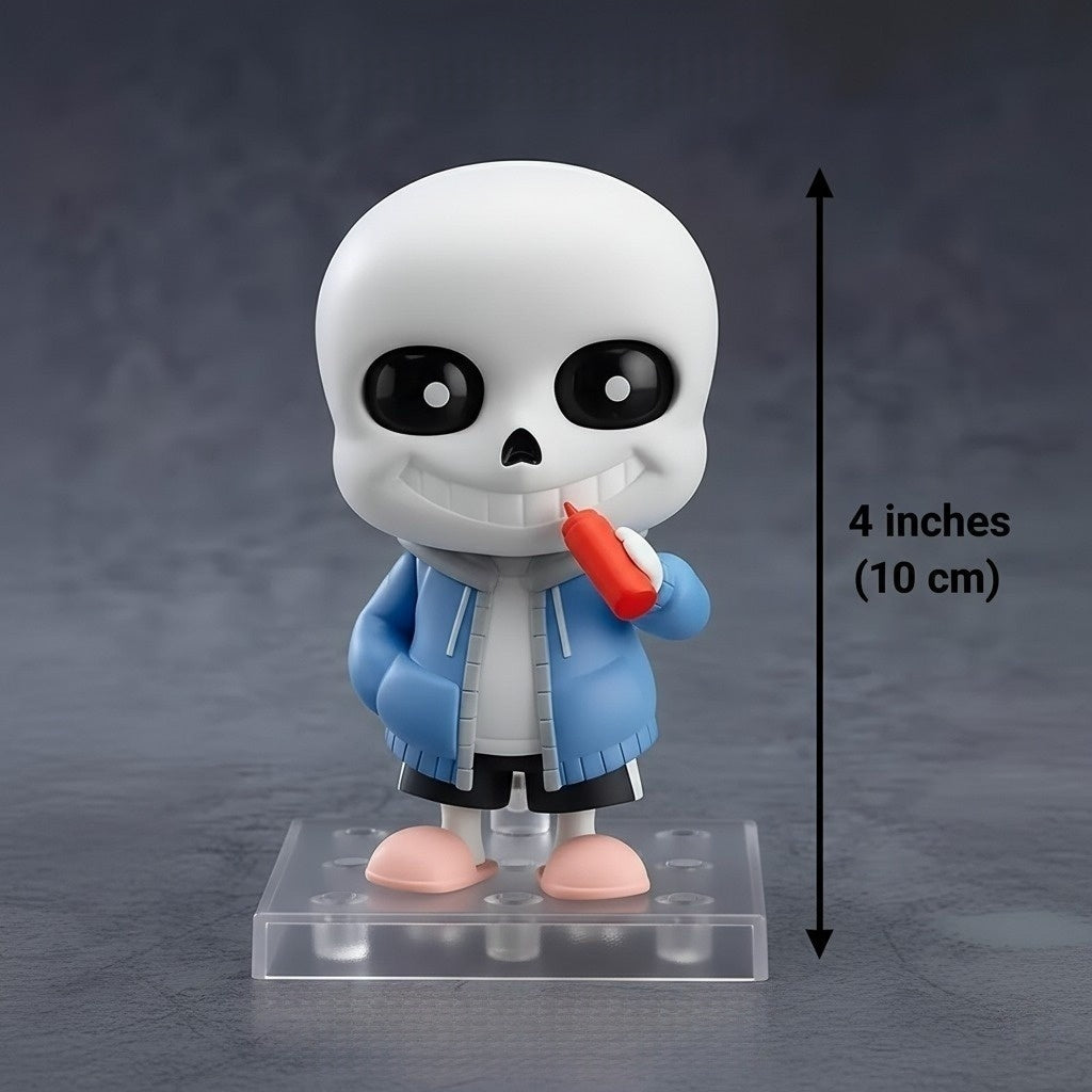 Small skeleton figurine with a blue jacket and red object, standing on a gray background with measurement label.