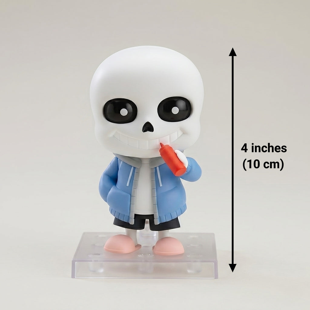 Sans Undertale figurine with a blue jacket and red object, standing on a clear base with a measurement label indicating 4 inches.
