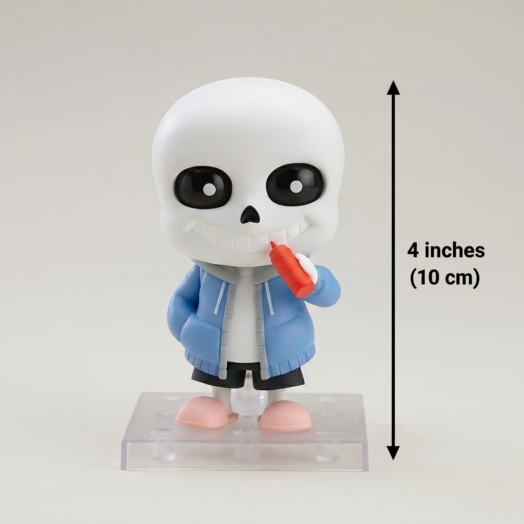 Sans Undertale figurine with a blue jacket and red object, standing on a clear base with a measurement label indicating 4 inches.