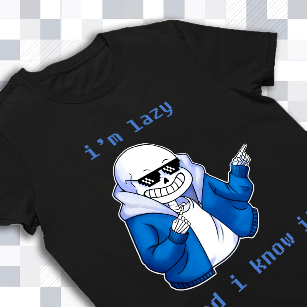 Close-up of the Sans lazy quote shirt print, highlighting the text and character detail, a piece of Undertale merch.