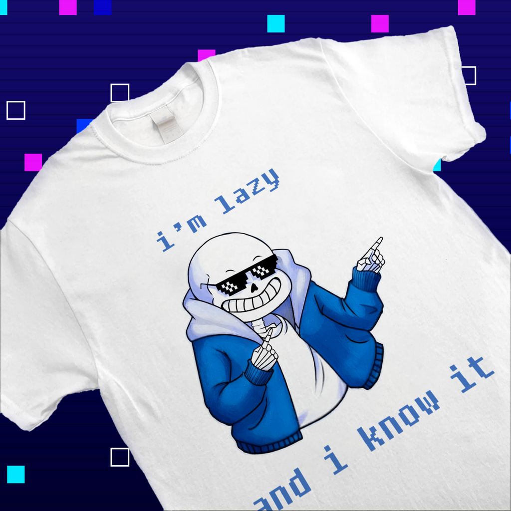 Close-up of the Sans lazy quote shirt print, highlighting the text and character detail, a piece of Undertale merch.