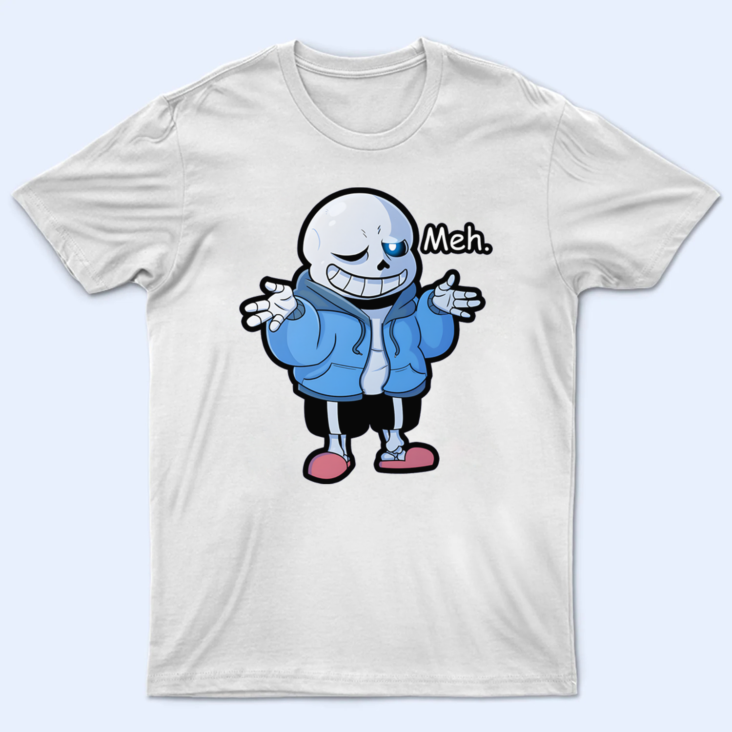 Close-up of Sans "Meh" shirt print, highlighting the iconic character and laid-back quote.