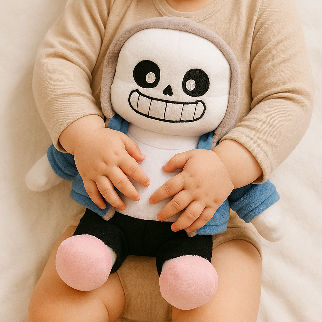 Sans plush being hugged by a child, showing it as an ideal Undertale character gift for kids.