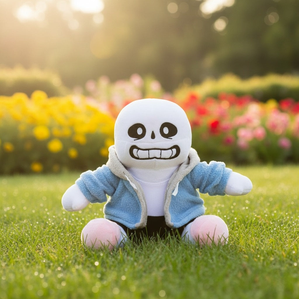 Sans Undertale Plush Toy is sitting on a garden
