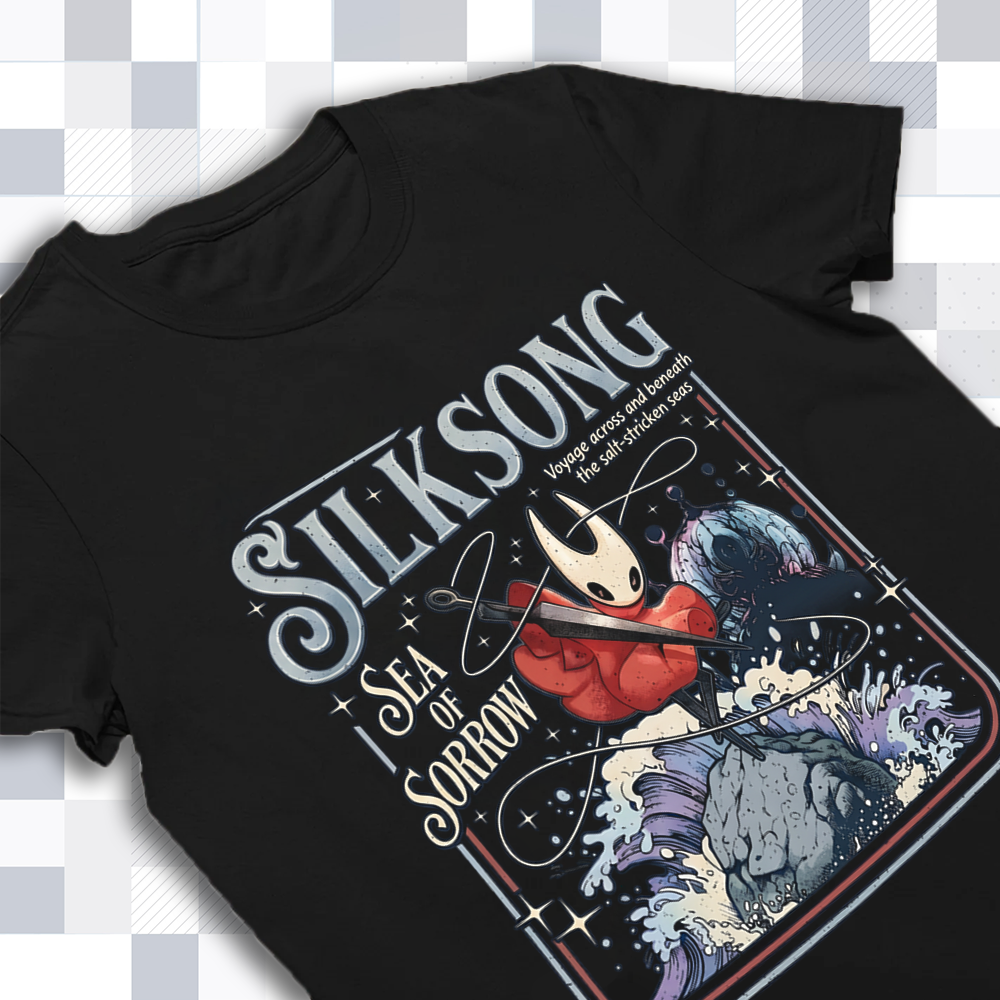 Close-up of the Hornet graphic print on the 'Sea of Sorrow' shirt, highlighting the sharp lines and Silksong merch quality.