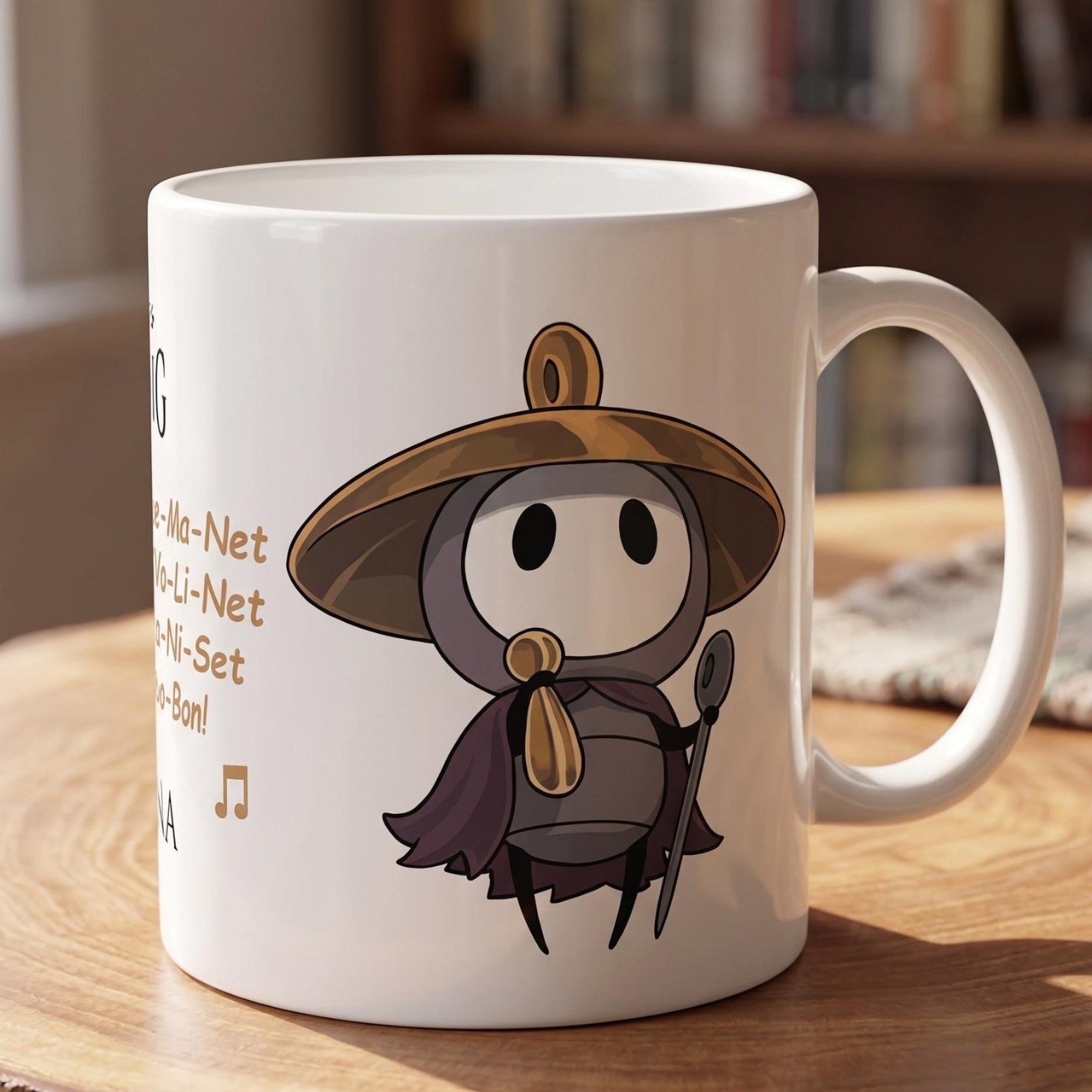 Detailed close-up of the crisp Sherma illustration and musical notation on the glossy Hollow Knight mug.  