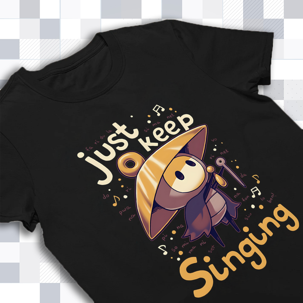 Close-up detail of the print on the Sherma shirt, highlighting the crisp text and image of the loyal traveler.