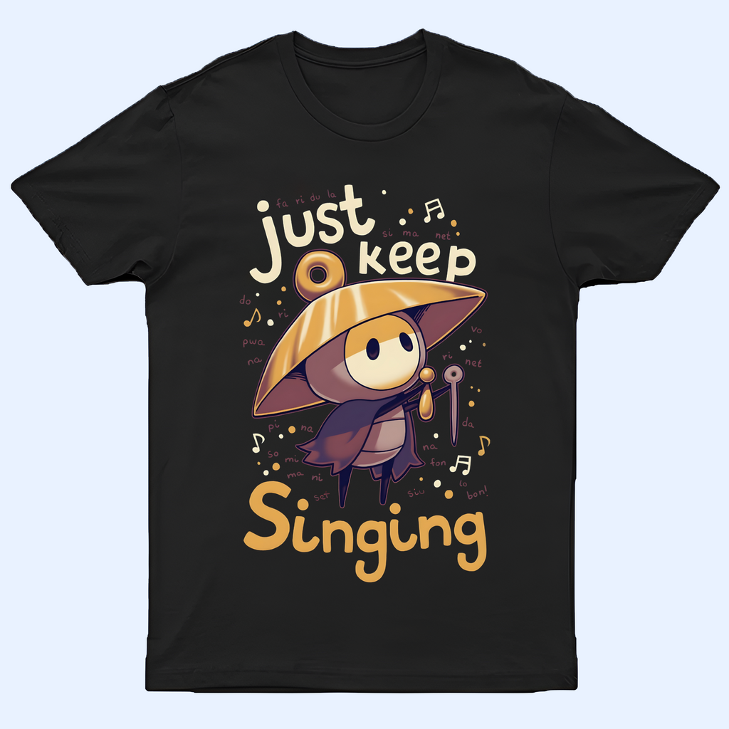 Front view of the Sherma shirt featuring the character Sherma and the text 'Just keep singing', a perfect Silksong Tee.